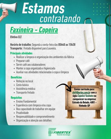 📢 ¡VACANTE DISPONIBLE EN FIBERTEX! | PERSONAL DE LIMPIEZA / AYUDANTE DE COCINA ☕